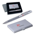 2 Piece Gift Set - Business Card Case with Mirror & Matte Silver Twist Pen